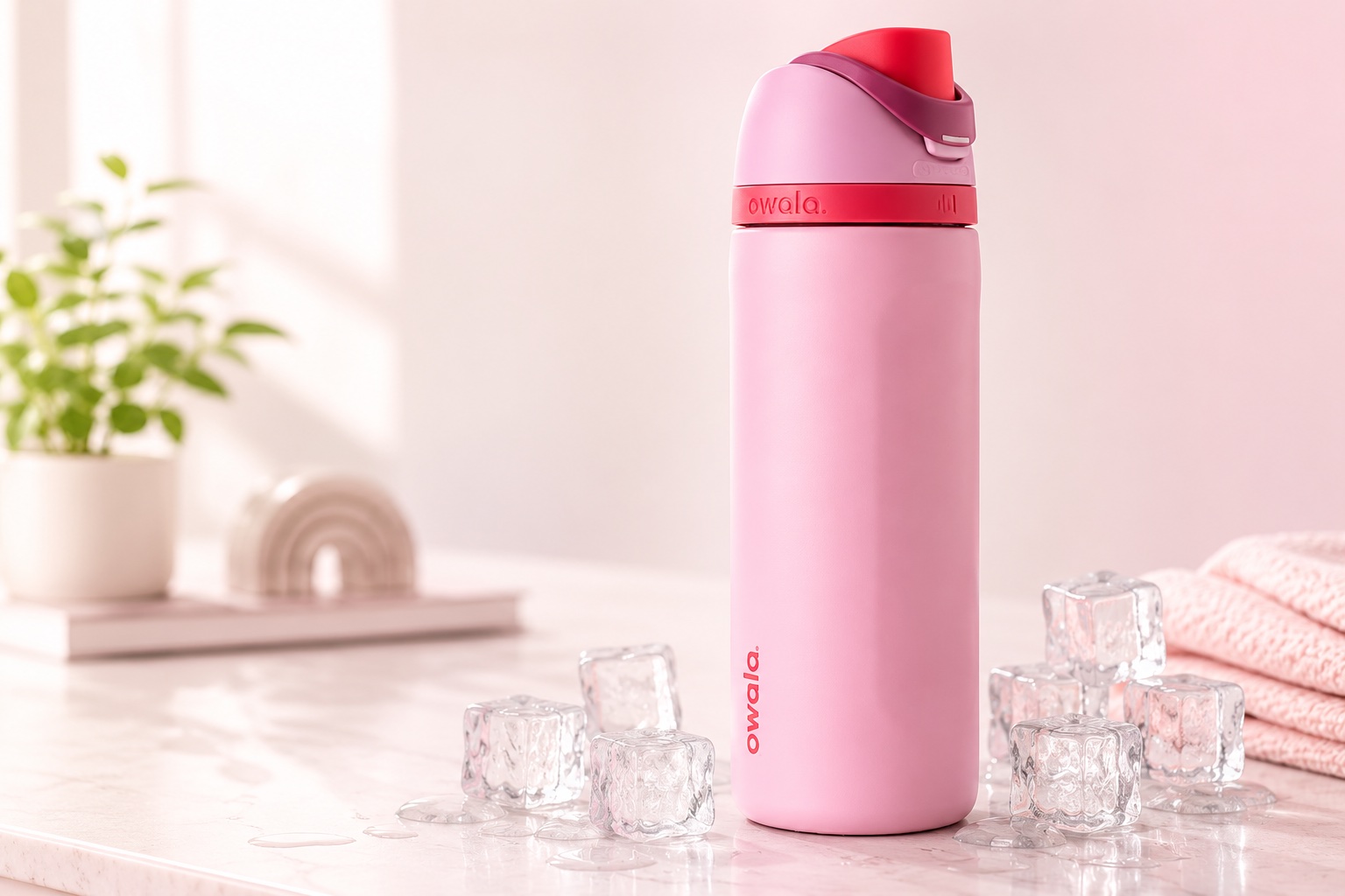 Pink insulated FreeSip-style water bottle displayed with ice cubes
